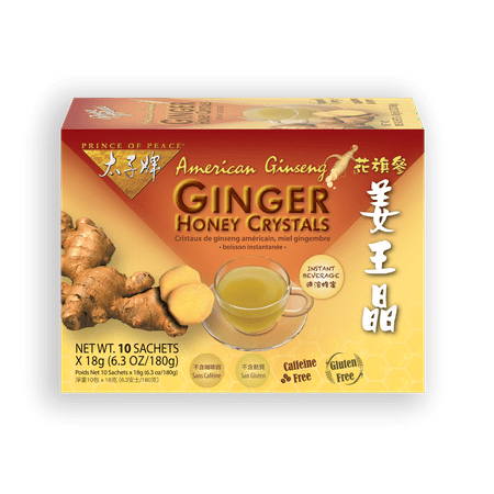 Prince of Peace Instant American Ginseng Ginger Honey Crystals, 10 Sachets – Instant Hot or Cold Beverage – Easy to Brew
