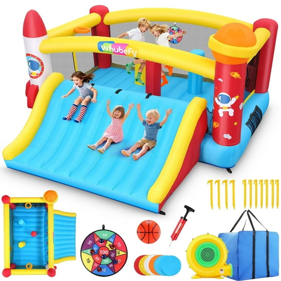 Adnoom Inflatable Bounce House for Kids 3-12, Bouncy Castle with 550W Blower, Jumping House with Super Wide Slide, Obstacle Course, Basketball Hoops, Indoor/Outdoor, Space Rocket Theme, Backyard
