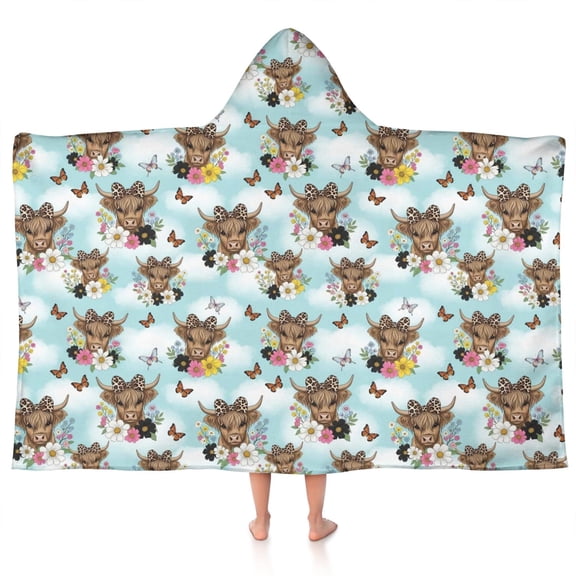 Blue Highland Cow Flower Butterfly Pattern Hooded Bath Towel，50"x30" for Ages 3 To 12 Kids, Quick Dry Lightweight Soft Microfiber Hood Beach Towel Cover Up for Kids