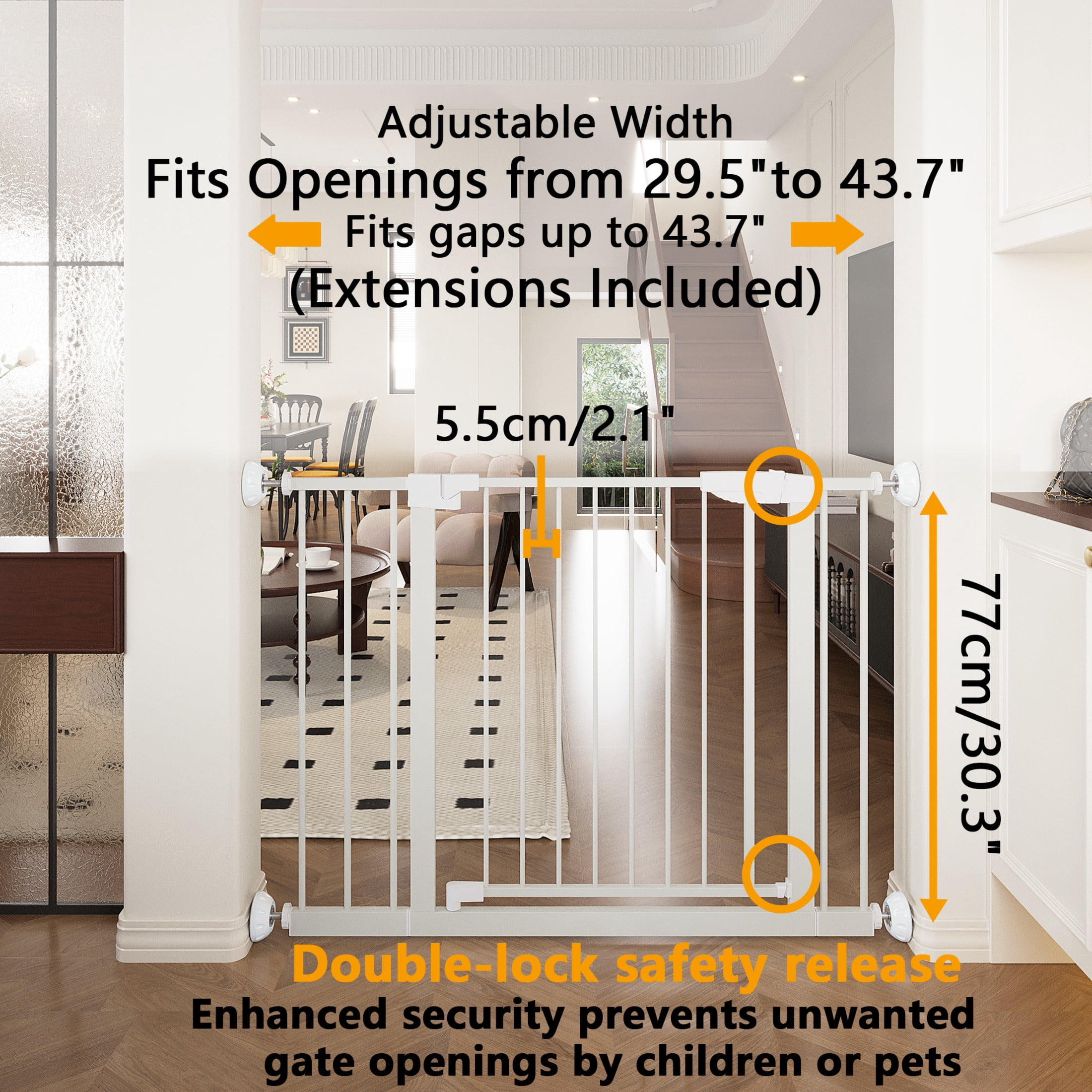 Noble House 45" Wide Pressure-Mounted Baby Gate with Wall Protectors, Steel Safety Gate for Kids, White