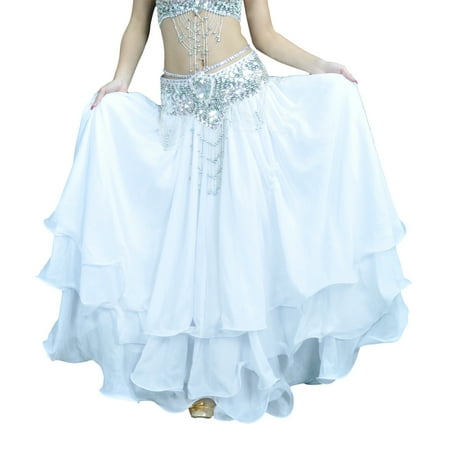 BellyLady Belly Dance Skirt Halloween Tribal Chiffon Tiered Maxi Full Skirt-White