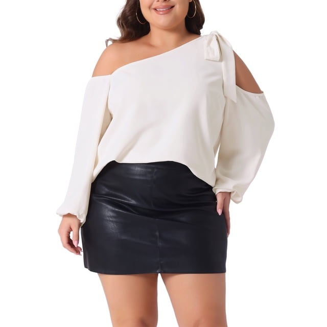 Blusas de manga larga con hombros al aire y lazo para mujer de tallas grandes GRACE & GRANDEUR, camiseta casual, 2X, color beige