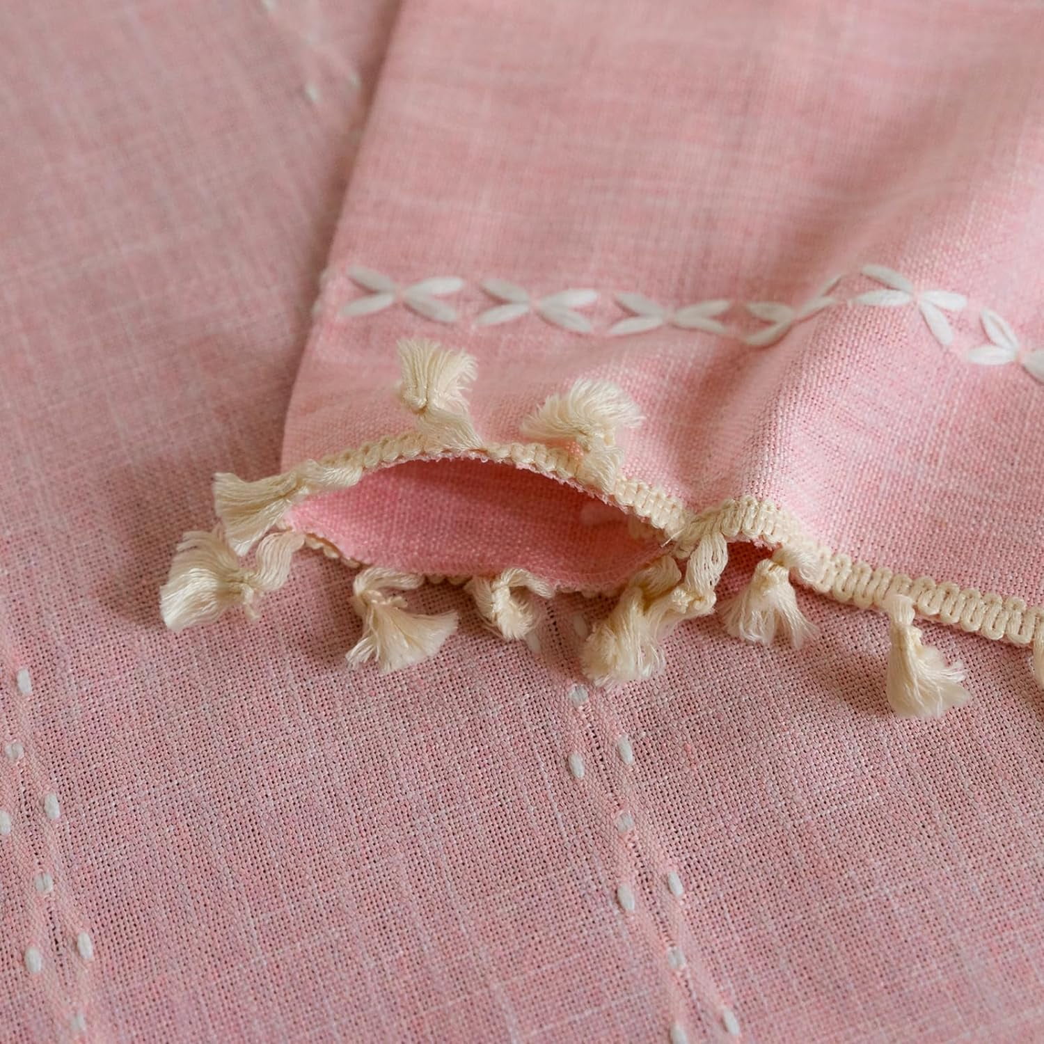 Psoiuetr Pink Boho Curtains for Bedroom Living Room Linen Cotton Embroidered Semi Blackout Farmhouse Window Treatment Drape Vintage Tassels Rod Pocket 1 Panel 52" W x 84" L