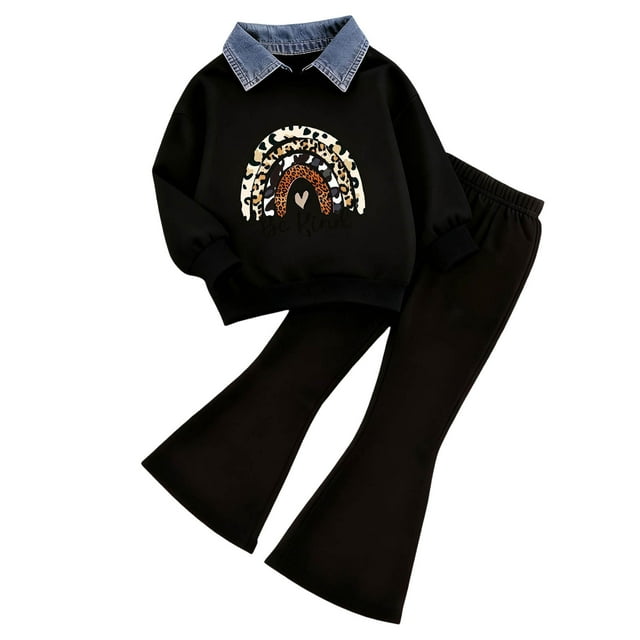 Caqnni Girl Relaxed Fit Two-Piece Set Featuring a Classic Polo Lightweight Pullover Sweatshirt and Trendy Flare Pants for Spring and Fall(Black,2-3 Years)