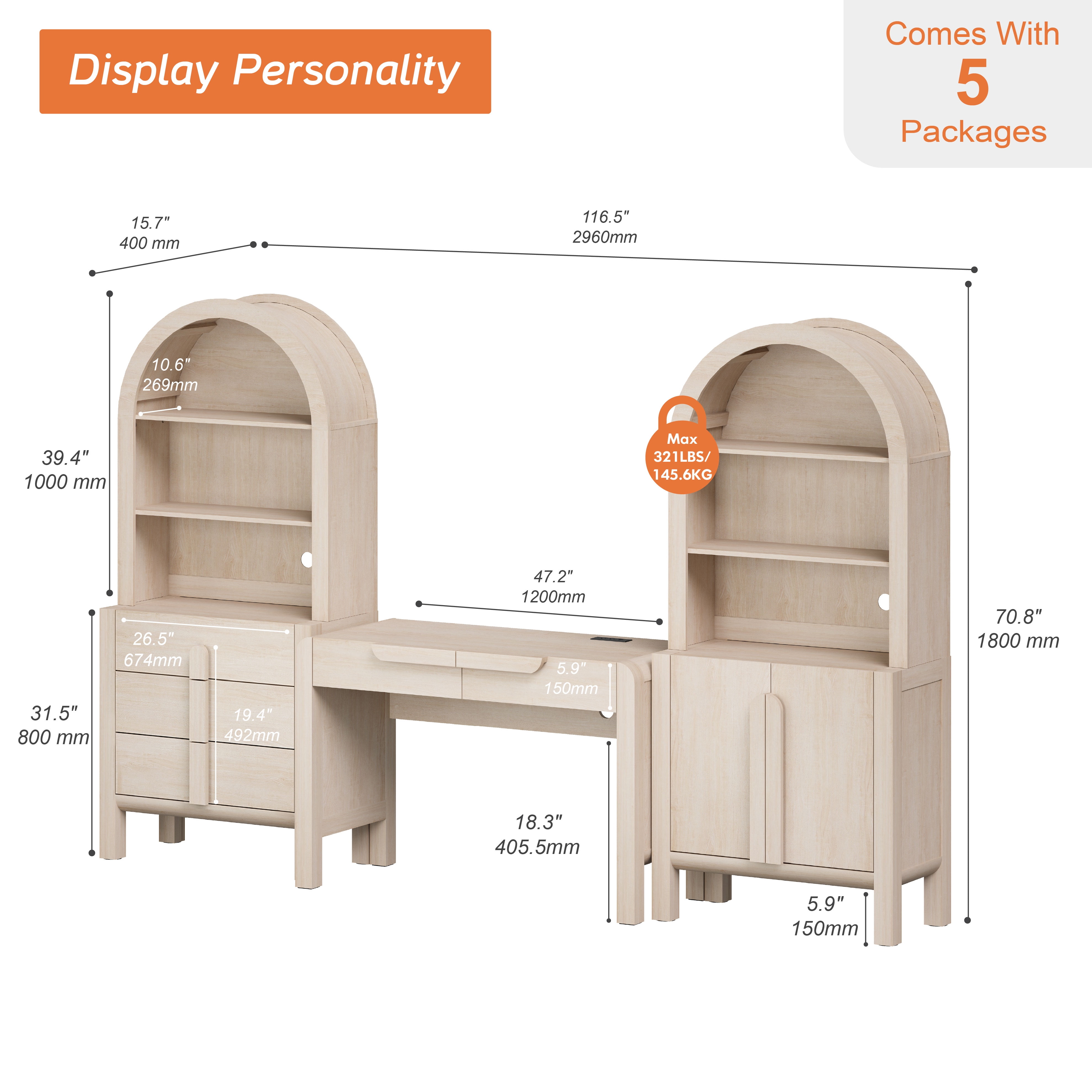 Modern Home Office Set, 47" Modern Executive Desk with Charging Station and Drawers & 2 Piece 71"H Tall 8-Tier Arched Bookcases with Cabinet for Living Room, Bedroom, Home Office