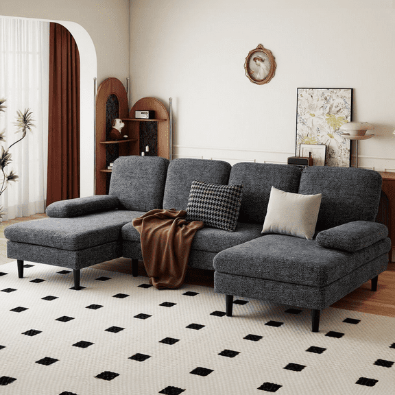 SUMELL 4-Seat U Shaped Sectional Sofa, Chenille Fabric, Double Chaise for Living Room, Dark Grey