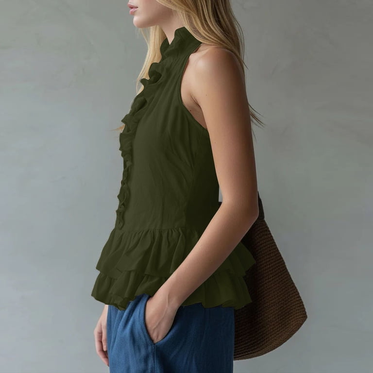 Women's Ruffle Summer Linen Tank Tops, Dressy Casual V Neck Peplum