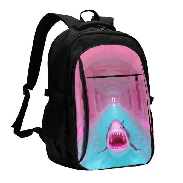 Balery Pink Shark Pool Fantasy Mochila con carga USB para hombre y mujer - Mochila impermeable y antirrobo para laptop con puerto USB para viajes, trabajo