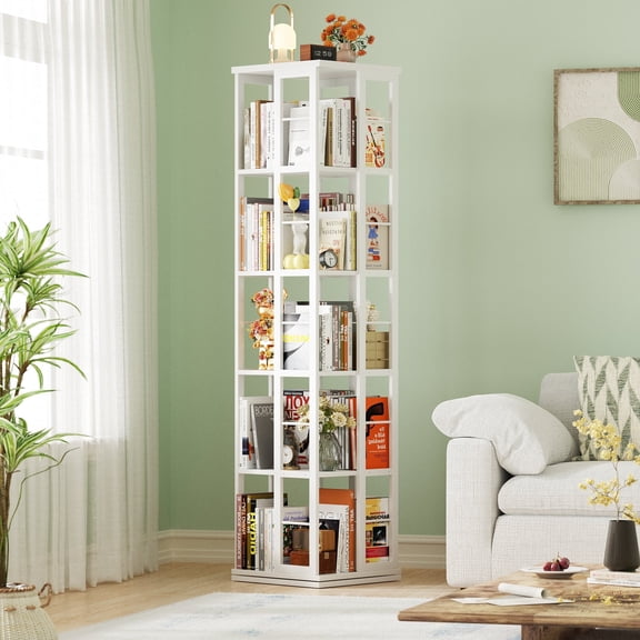 Homieasy Rotating Bookshelf, 360 Display Wood Spinning Bookshelves, 5 Tier Floorstanding Narrow Bookcase, Corner Bookshelf for Small Space, White