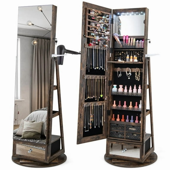 Lockable 360° Swivel Jewelry Cabinet with Full-Length Mirror LED Lights