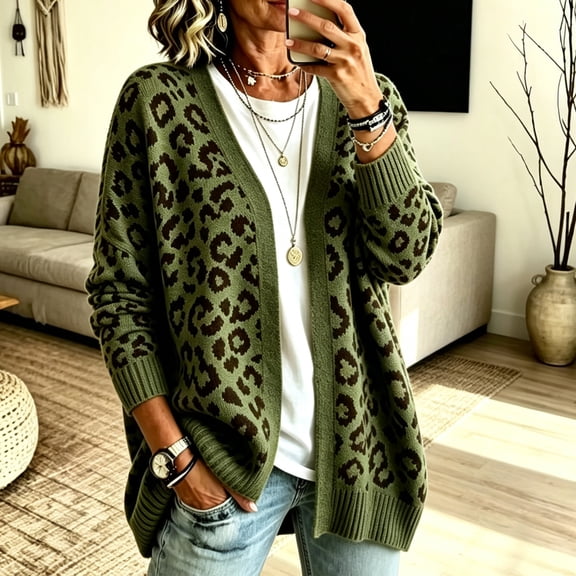 Dweltoz Leopard Print Cardigan Sweaters for Women Open Front V Neck Knitted Cardigan Sweater Long Sleeve Button Sweater 2026 Fuzzy Oversized Cozy Fall Sweater Outerwear