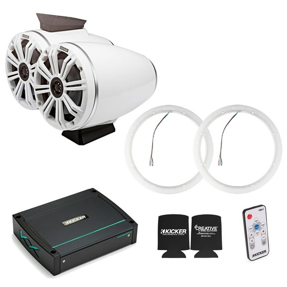 Kicker KMFC65W 6.5" Flat Mount White Tower Speakers (1 pair) with LED Rings, KXM4002 Marine Amplifier