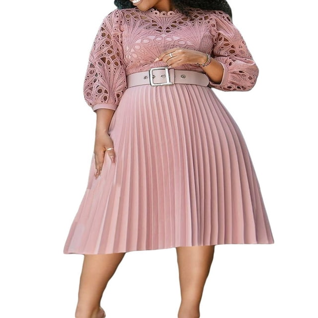 Robe Ceinturée à la Mode avec Dentelle Crochet et Ourlet Plissé pour Femmes
