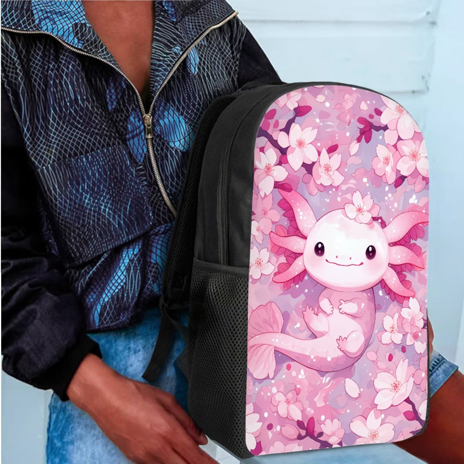 Binienty Axolotl Backpack With Lunch Box And Pencil Case for Girls Cherry Blossom Girls Bookbag Ages 6-8 Pink Schoolbag 17 Inch Kids Back to School Gifts
