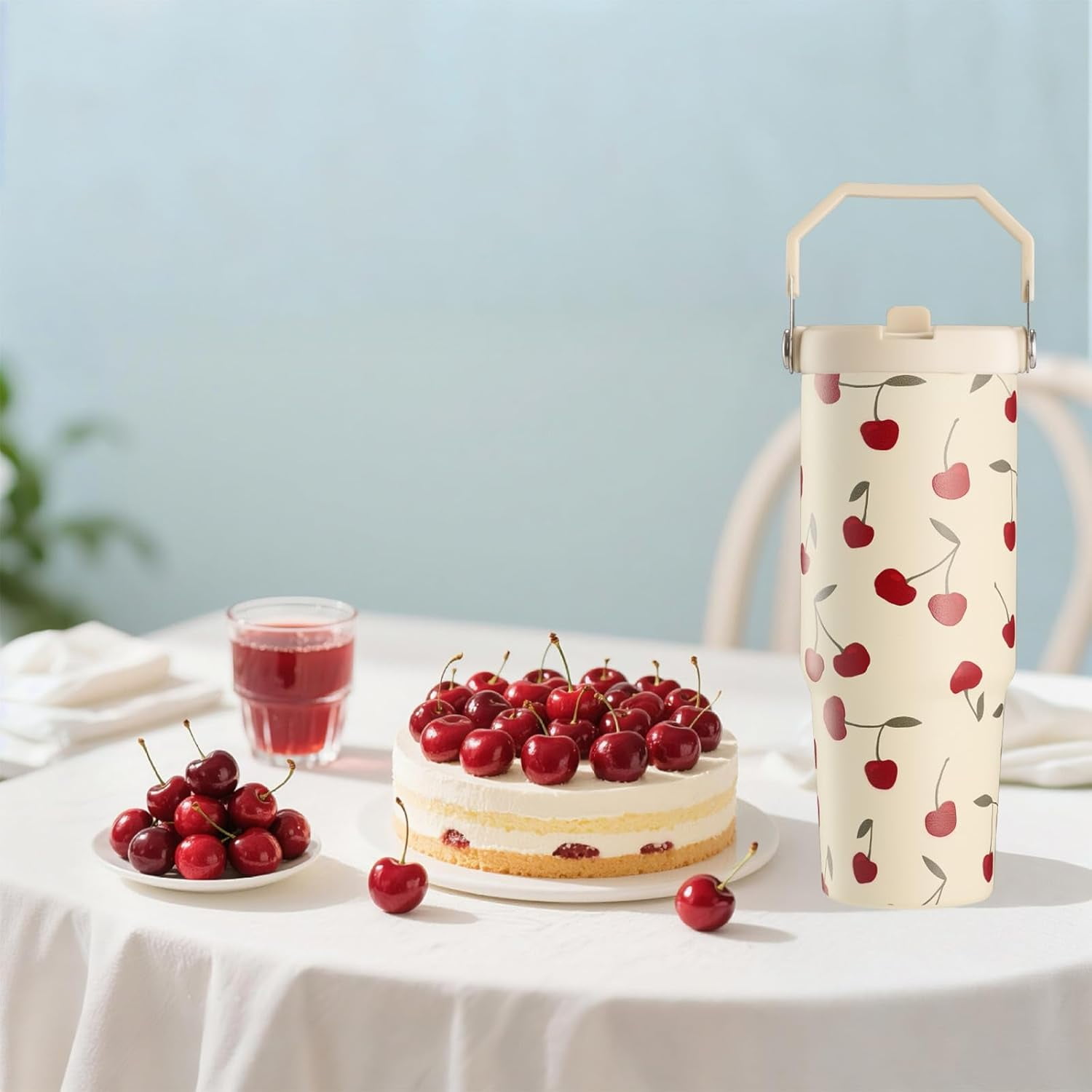 Cherry Tumbler, Cherry Gifts for Women 30 oz Tumbler with Handle and Flip Straw Stainless Steel Insulated Cup Travel Mug Water Bottle
