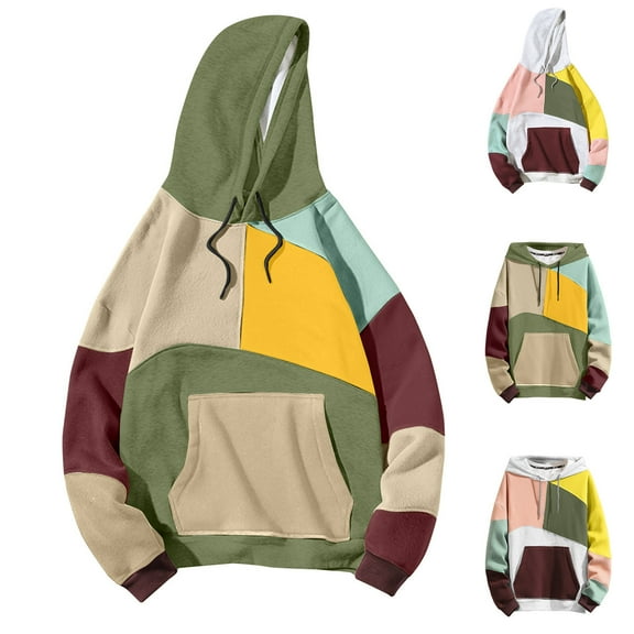 safuny Men's Casual Drawstring Retro Loose Hoodies Shirts Big&Tall Long Sleeve Tops Pockets Patchwork Color Block Pullover Workout Crew Neck Sweatshirts Fashion Yellow L