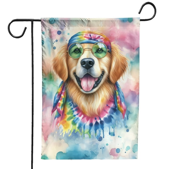 Hippie Golden Retriever Portrait Watercolor Tie-Dye Vintage Styles Garden Flag 12x18in Double Sided Goldens Dog Lover Gifts Idea Outdoor Decor - 00014
