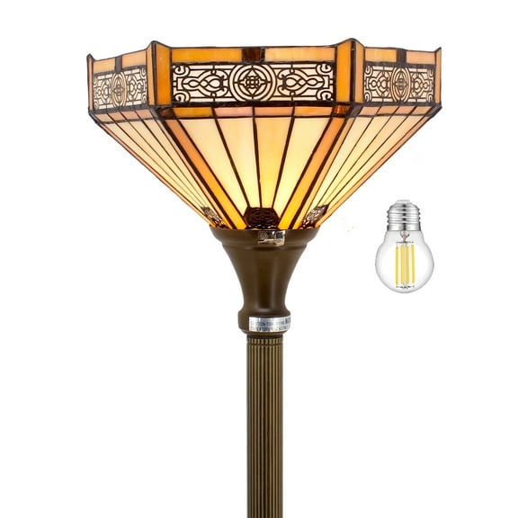 Torchiere Lamp Tiffany Floor LED Uplight 66" Tall Industrial Bronze Pole Vintage Boho Stained Glass Mission Hexagon Retro Standing Corner Bright Light Living Room Kids Bedroom Farmhouse WERFACTORY