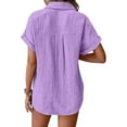 thumbnail image 5 of Pxiakgy Women Linen Button Down Shirt Rolled Cuffed Short Sleeve Blouse Ladies Summer Casual V Neck Beach Double Layer Wrinkled Fabric Tops Batwing Sleeve Pocket Patched Shirt Hot Pink Xl, 5 of 7