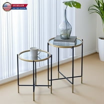 Hassch 2-Piece Nesting Side Tables Set with Mirrored Glass Tops, Black and Gold Metal Base, Modern Accent Tables for Living Room, Home Decor