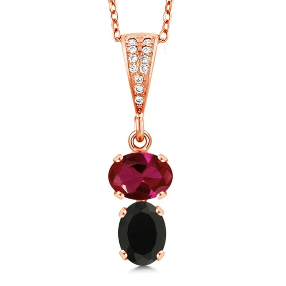 Gem Stone King 18K Rose Gold Plated Silver Red Created Ruby and Black Onyx Pendant Necklace for Women (3.17 Cttw, Gemstone July Birthstone, Oval 8x6MM, with 18 inch Chain)