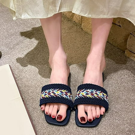 

Summer Saving Clearance! Tuobarr Women s Slide Sandals Retro Square Toe Flat Women s Shoes Summer Casual Woven Sandals Women s Slippers Blue US Size 4.5