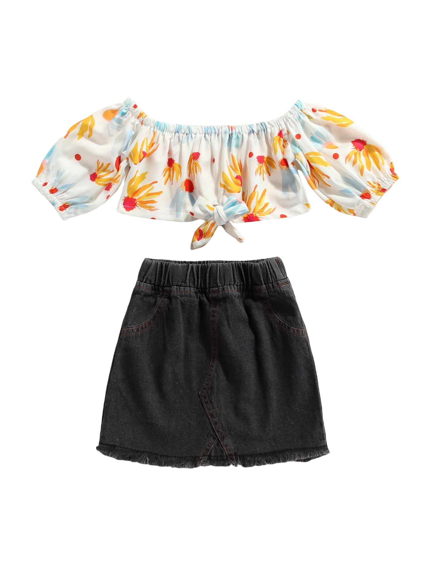 Sylvamorning Kids Flower Print Neck Short Sleeve Tops+Solid Color Denim Skirt