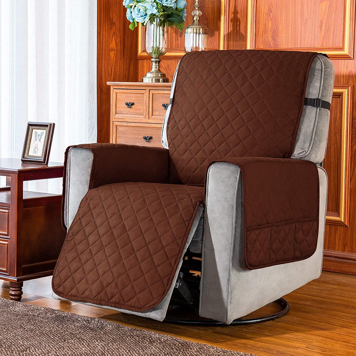 Subrtex Reversible 1Piece Quilted Recliner 100 Microfiber Fabric Slipcovers, Chocolate