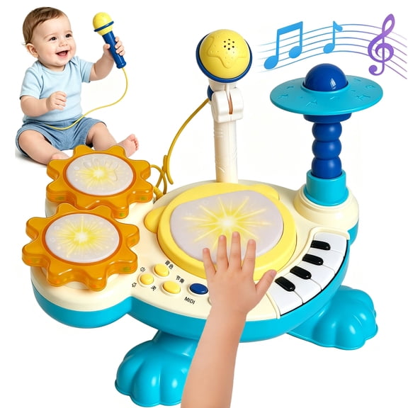 Adofi Toddler Drum Set, Montessori Toys with Drums, Microphone, Piano Keys, Musical Instruments for Toddlers 1-3, Baby Musical Toys for 12-18 Months Boys Girls, Educational Birthday Gift for Babies