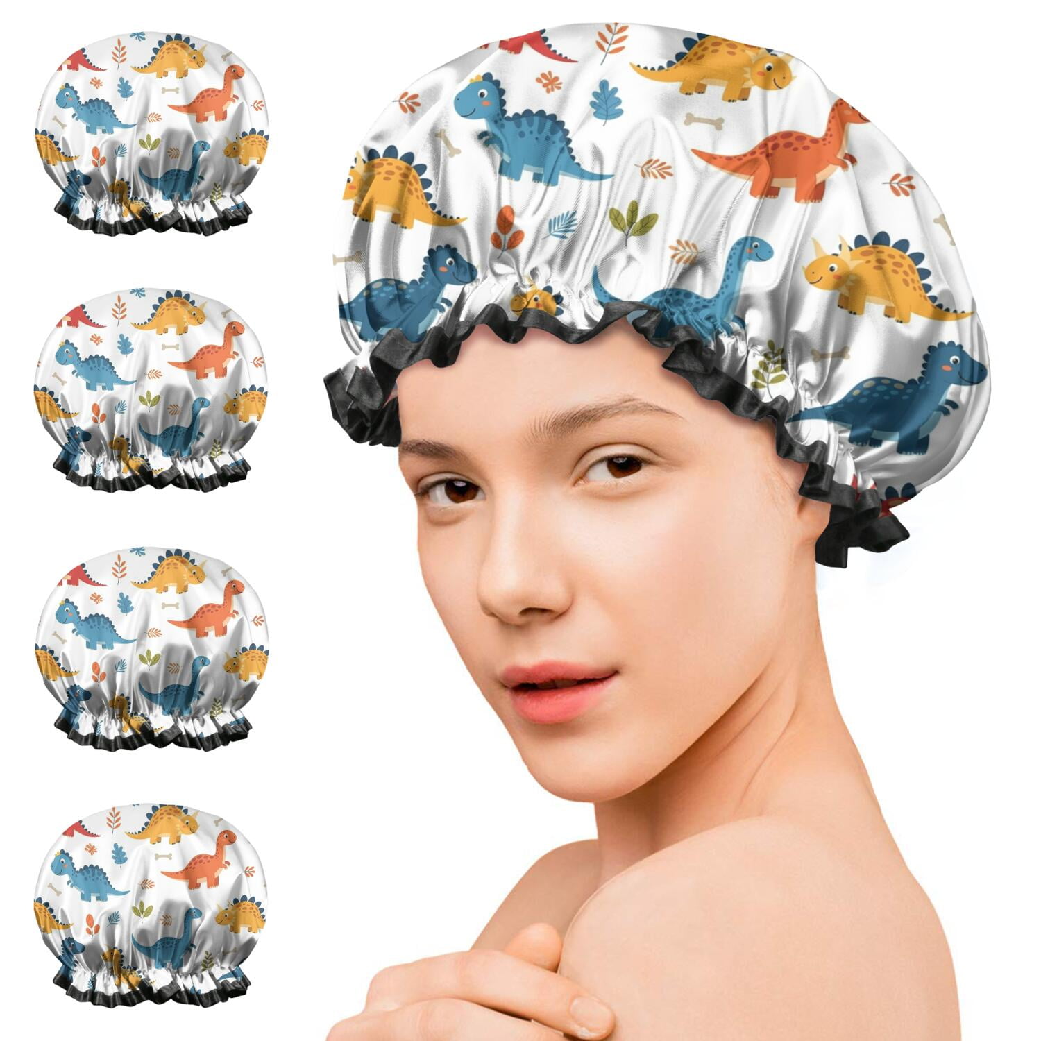 Shower Caps,White Cartoon Dinosaurs Bones Pattern Waterproof Shower Cap for Women 4 Pieces,Double Reusable Hair Cover for Shower PEVA Elastic Stretch Hem