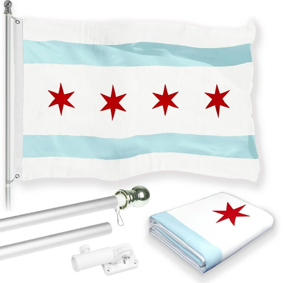 G128 Combo Pack: 6 Feet Tangle Free Spinning Flagpole (Silver) Chicago City Flag 3x5 ft Printed 150D Brass Grommets (Flag Included) Aluminum Flag Pole