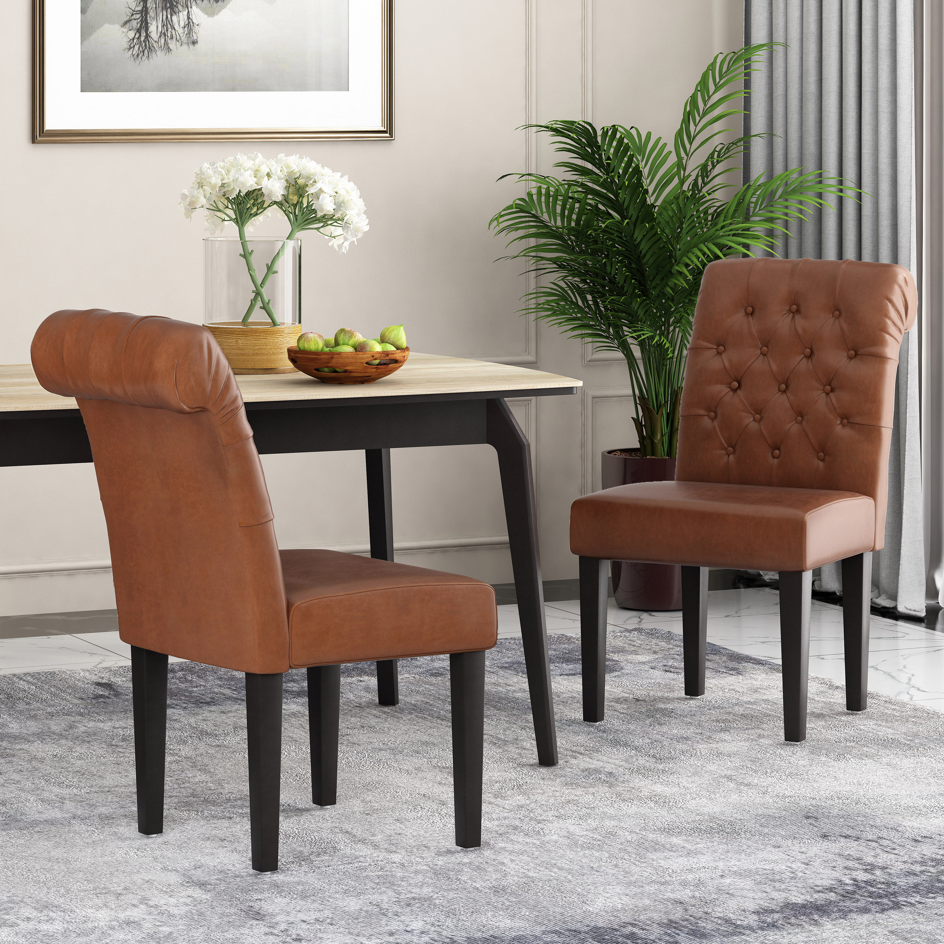 Noble House Cullon Indoor Faux Leather Dining Chairs, Set of 2, Cognac Brown, Matte Black