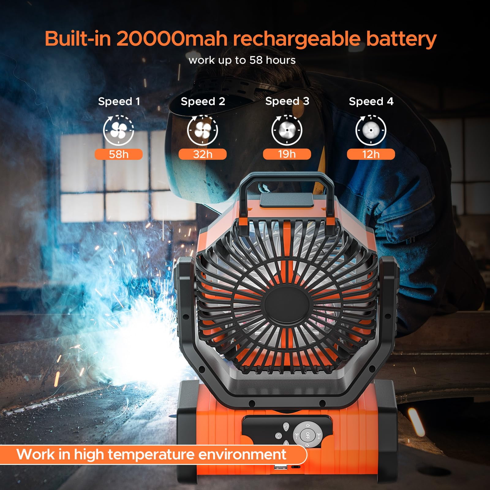 Camping Fan, 20000mAh Rechargeable Battery Operated Outdoor Tent Fan with LED Light & Foldable Hook, 4 Speeds with 270° Rotate Pivot for Camping, Barbecue, kitchen, Fishing, Construction(Orange)