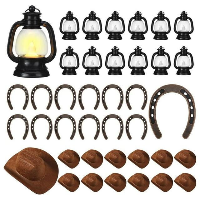 36 Mini Faroles Occidentales para Decoración de Fiestas de Vaqueros: 12 Faroles con Velas, 12 Herraduras Colgantes y 12 Sombreros de Vaquero.