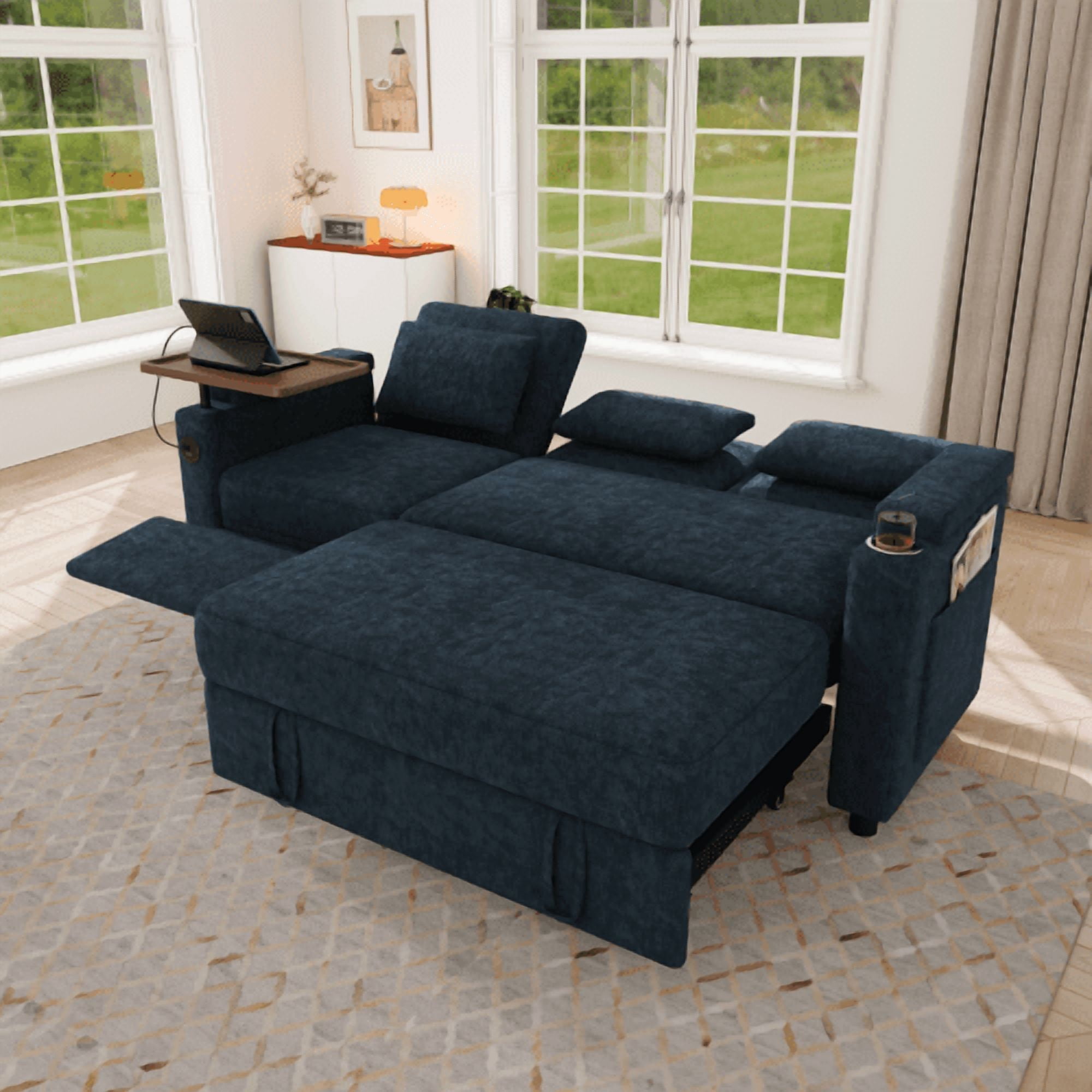 81" 3-in-1 Convertible Sofa Bed, Electric Recliner & Sleeper with Table, USB Ports, Storage Armrests, Chenille, 6 Adjustable Positions, Blue