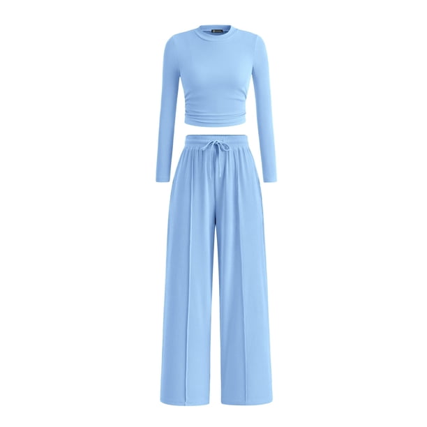 Conjunto de Mujer PRETTYGARDEN Top Corto y Pantalones Anchos Azul Claro M