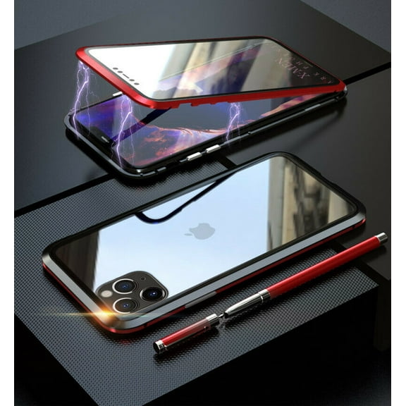 Magnetic iPhone 13 Case - (Red) Double Sided Tempered Glass Screen Protector Shockproof and Scratch Resistant Protection