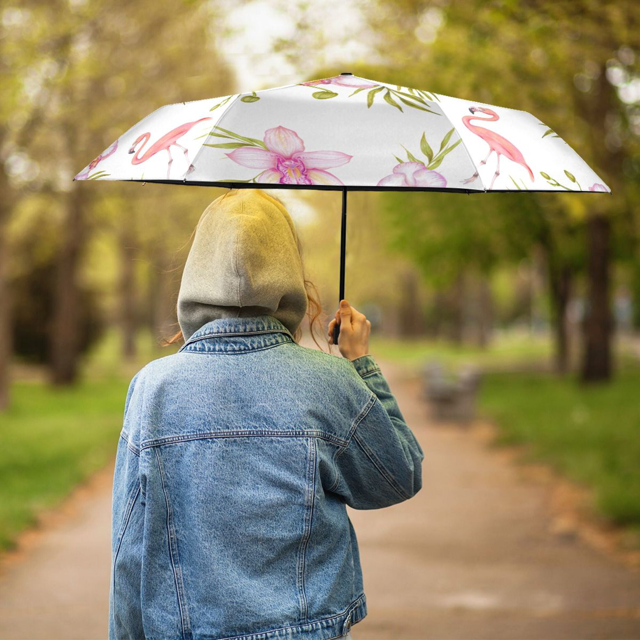 Pink Flamingo Flowers Compact Folding Umbrella for Rain Windproof Travel Umbrella UPF 50+ Lightweight Packable Arc Size