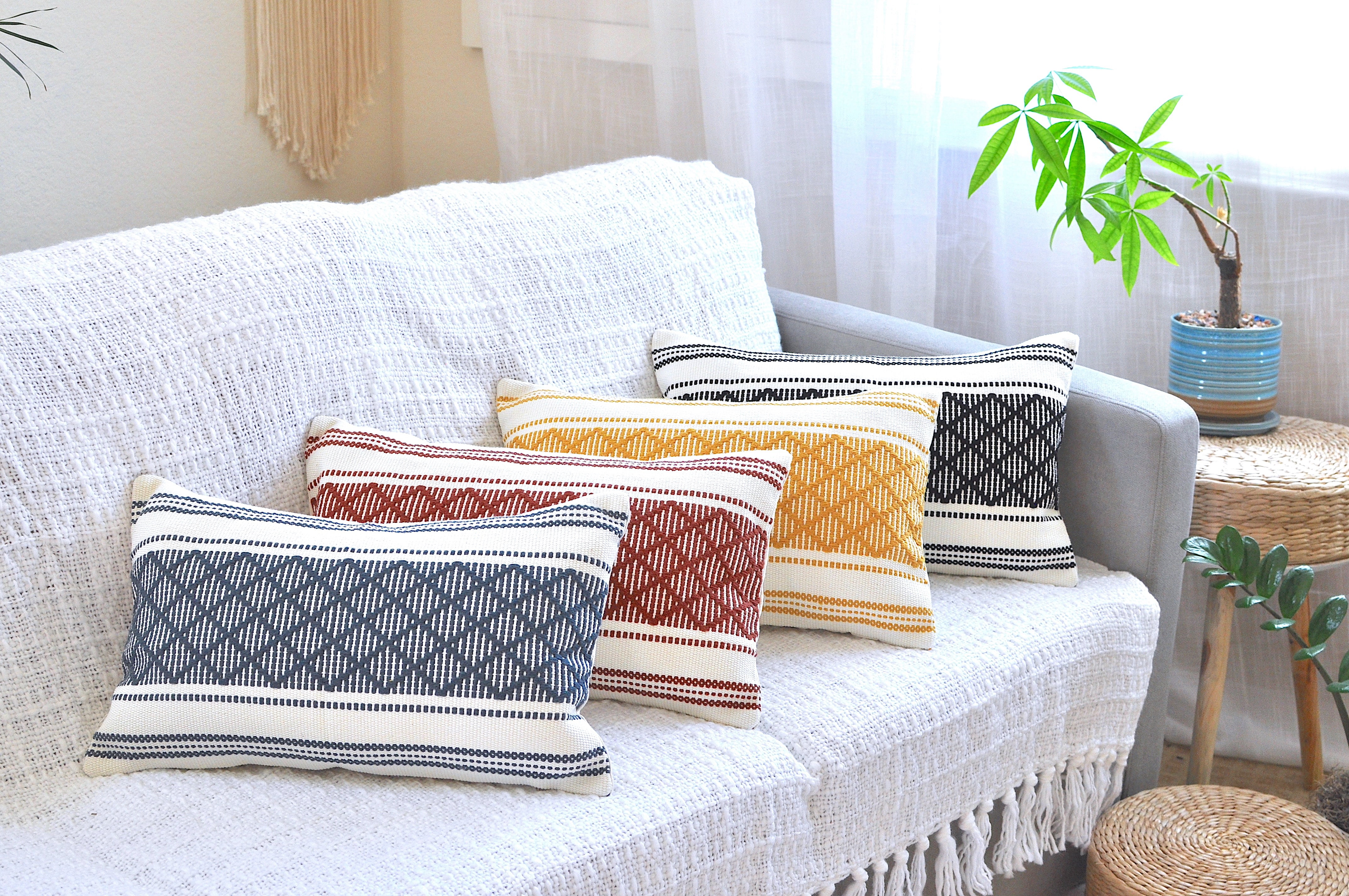 Cotton Woven Designer Lumbar Throw Pillow Covers Black and White, 12 x 20 inches | Oblong Small Rectangular Pillow Cases Set of 2