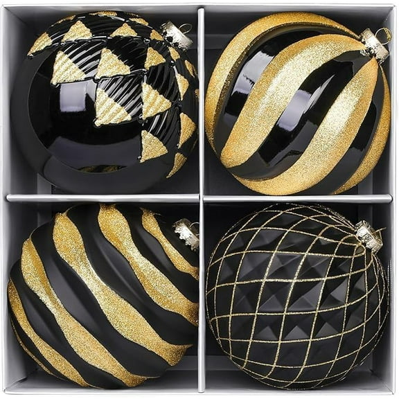 6''/150mm Large Christmas Ball Ornaments, 4Pcs Christmas Tree Decor, Shatterproof Hanging Decorations with Hooks, Black & Glod Baubles for Xmas Tree, Wedding, Holiday and Party Decor