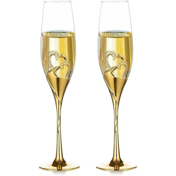 Creative Heart Set with Diamonds Champagne Flutes - Wedding Glasses for Bride & Groom - Toasting Cups Gift Sets for Couples - Engagement, Wedding, Anniversary, House Warming, Hostess Gift
