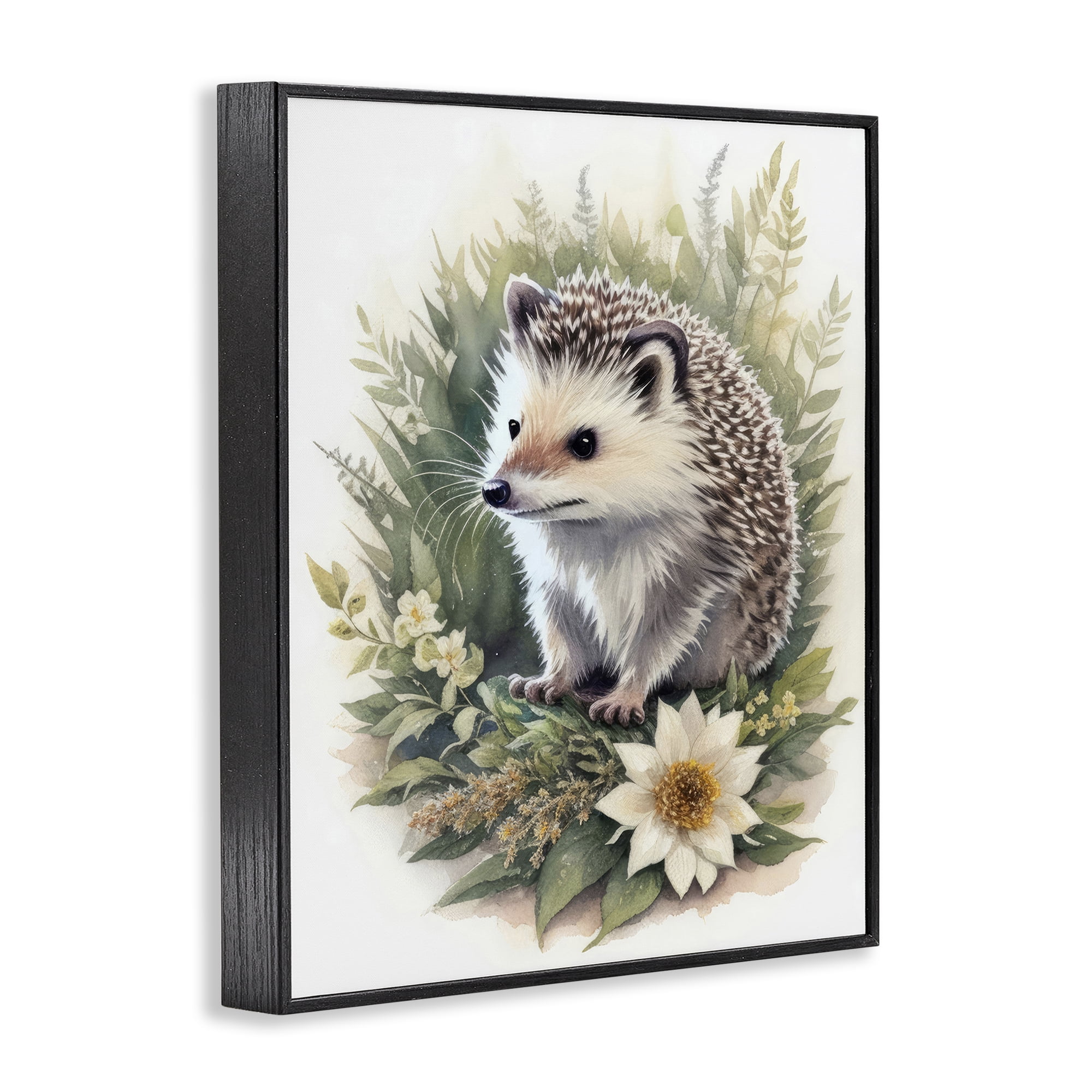 Stupell Industries Hedgehog & White Flower Animals & Insects Painting Black Framed Art Print Wall Art, 16 x 20