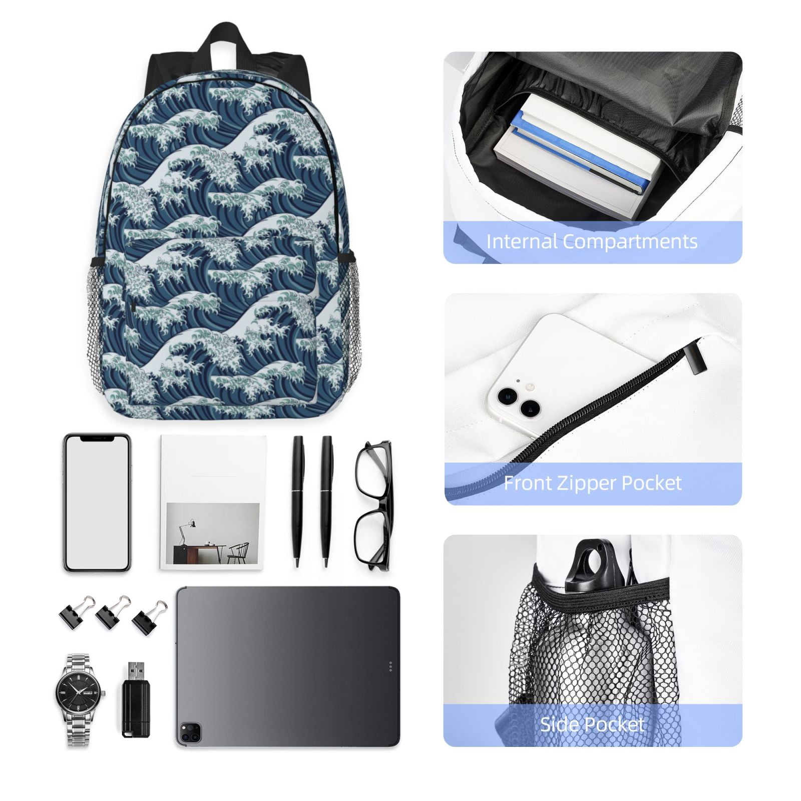 Rateoe A Japanese Great Wave Pattern Student Backpack Water-resistant Backpack 15-inch Laptop Backpack Lightweight Adjustable School Backpack