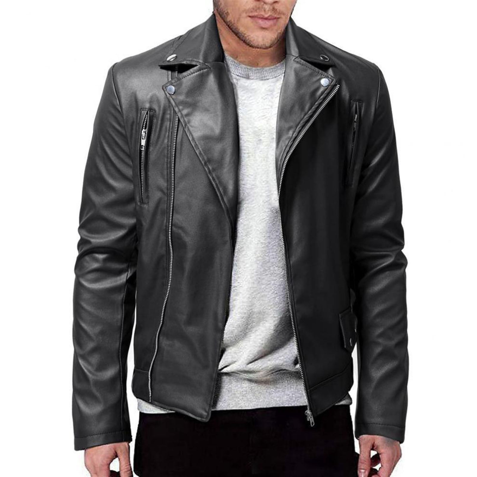 Dagegui Mens Faux Leather Jacket Fall Winter Motorcycle Biker Coat Stylish Lapel Zip Up Outwear with Pocket Black XS