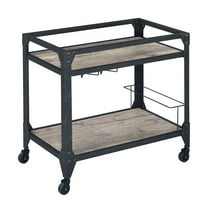Metal Framed Serving Cart with Wooden Shelves with Wine Bottle Holder, Brown and Gray