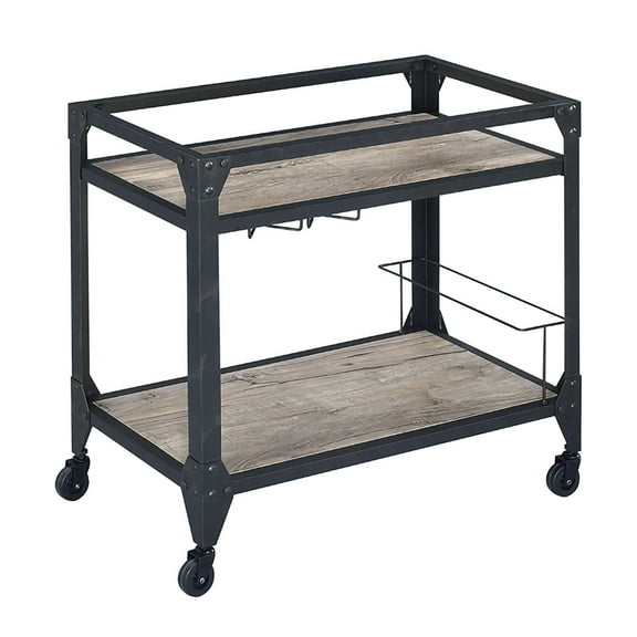 Metal Framed Serving Cart with Wooden Shelves with Wine Bottle Holder, Brown and Gray