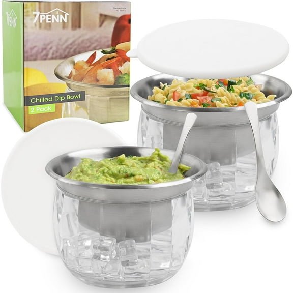 Shrimp Cocktail Serving Dish 2 Pack - 25 Ounce Stainless Steel Chilled Condiment Server with Lid and Spoons - Cold Food Buffet Server with Ice Chamber for Hosting and Entertaining