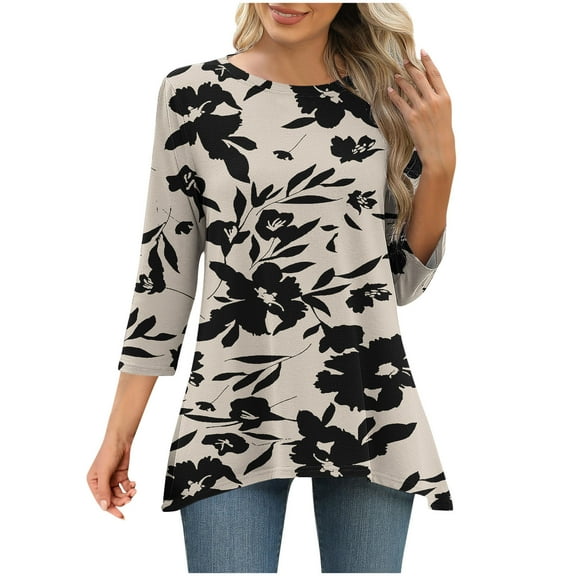 QQAMB 3/4 Sleeve Tunic Tops for Women Dressy Casual Crewneck Floral Printed Loose Blouse Flowy Shirts Khaki L