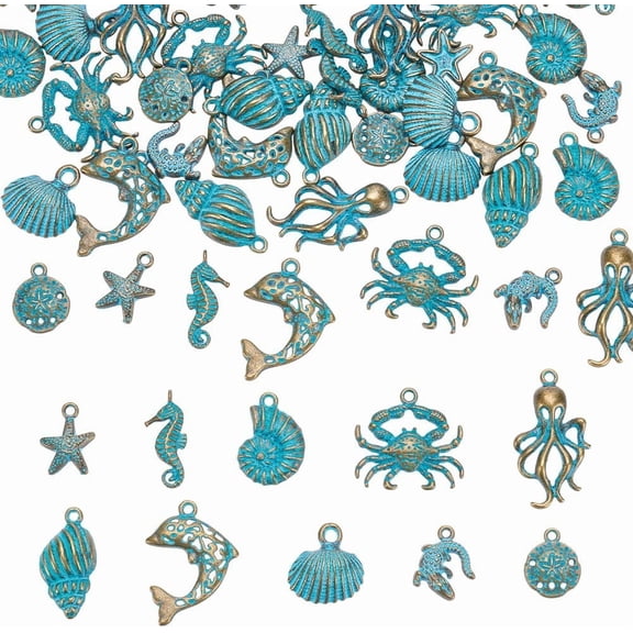 40Pcs 10 Styles Ocean Theme Charms Starfish Shell Conch Dangles Pendants Sea Life Charms Bronze Blue Sea Animal Pendants Vintage Summer Charm for Jewelry Making Necklace Bracelet