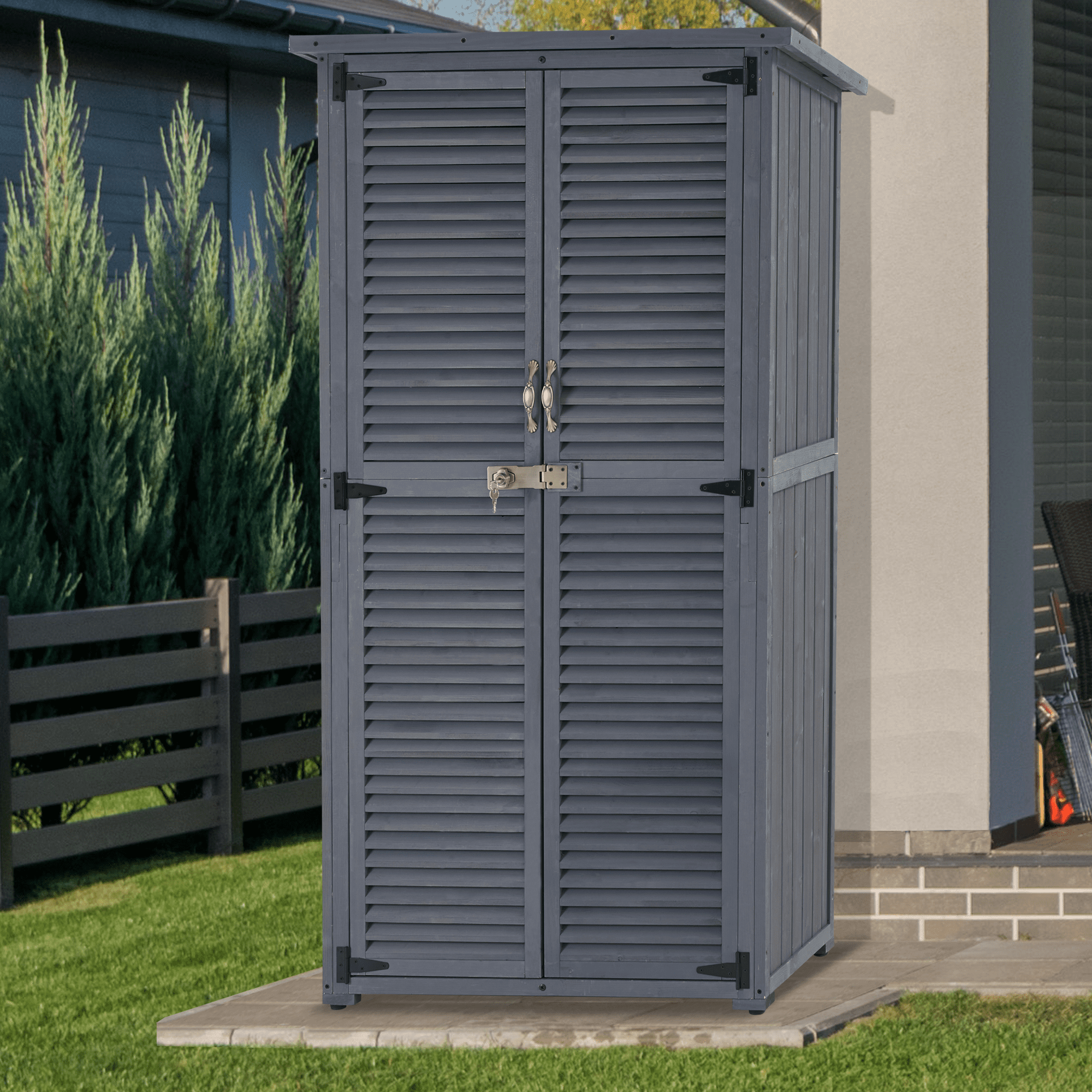 MCombo Outdoor Wooden Storage Cabinet, Garden Tool Shed w/ Latch, Outside Tools Wood Cabinet Double Doors